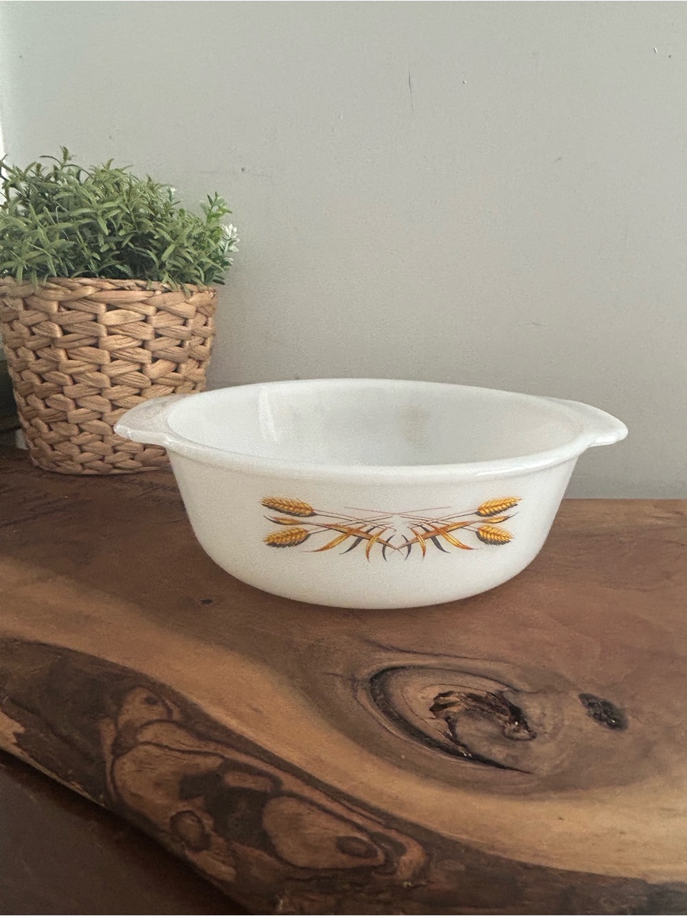Vintage Fire-King Wheat Round Milk Glass Casserole Dish 1960's white round 1.5